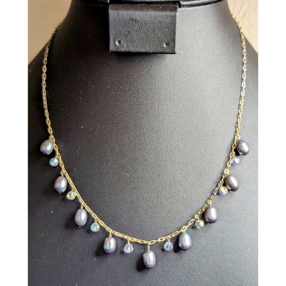 925 Sterling Silver Purple Teardrop Pearl Crystal Dangles 16.5"-18" Necklace - Picture 1 of 8